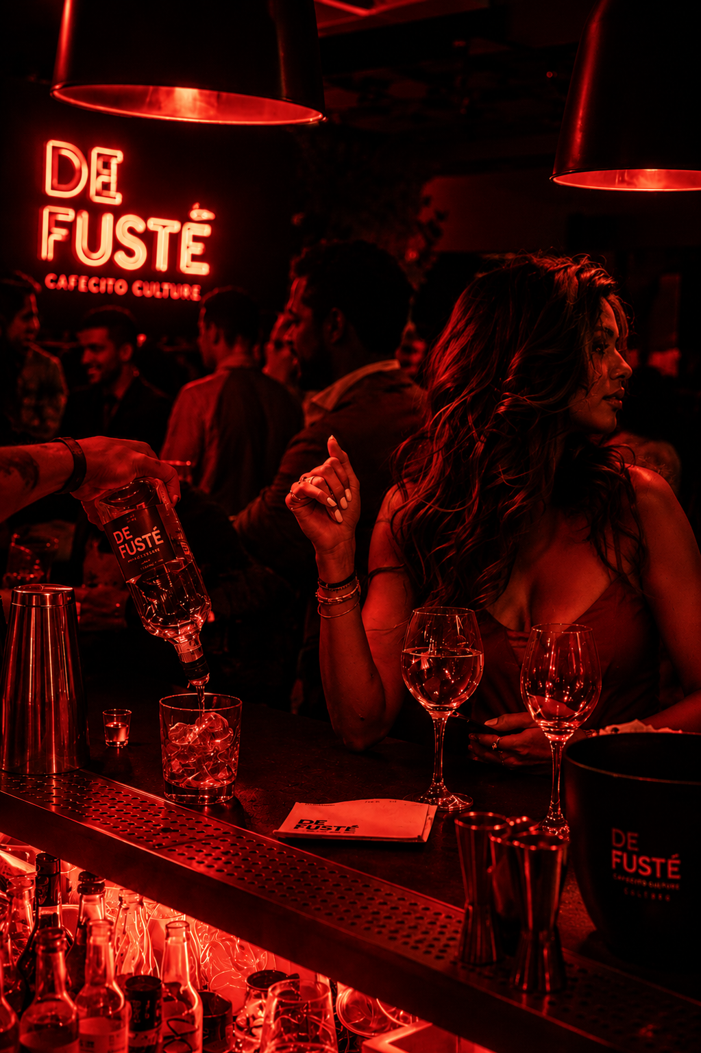 De Fusté neon sign glowing red above a crowded bar at night.